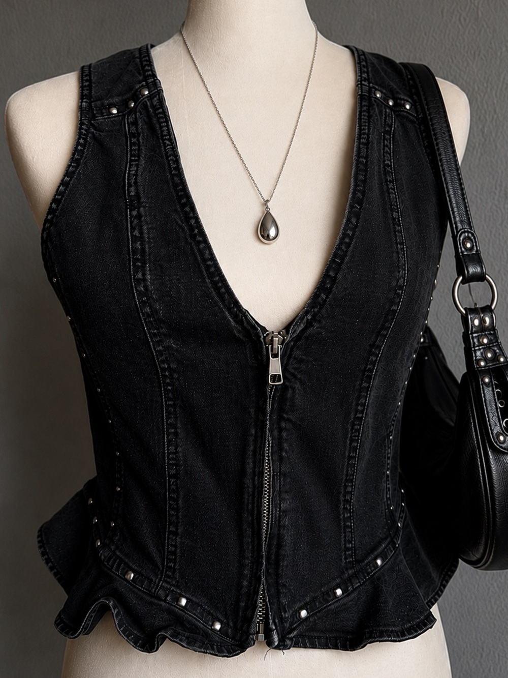 Wild Fable Soft Black Denim Peplum Corset Vest Top | Y2K Grunge Moto Goth Size S